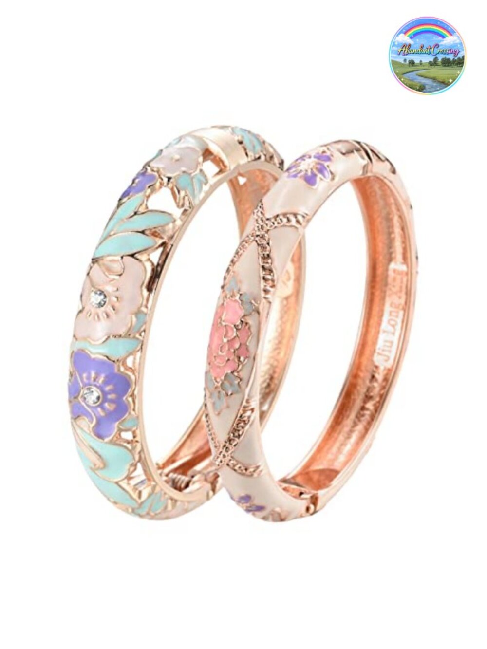 Enamel Rhinestone Rose Hinged Cuff Bracelet Bangle Set 2PC